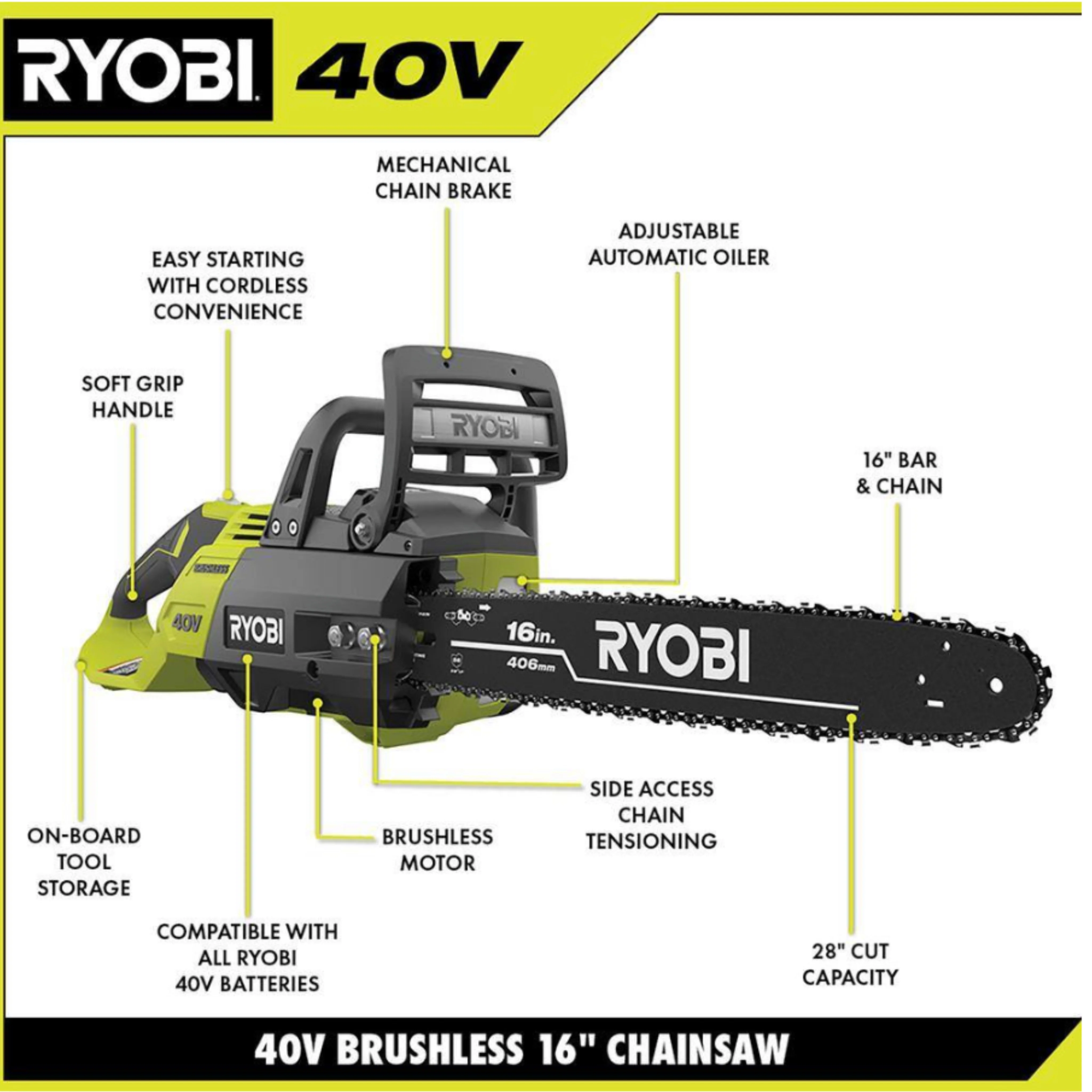 16 in. 40-Volt Lithium-Ion Brushless Electric Cordless Chainsaw (Tool Only) - Image 2
