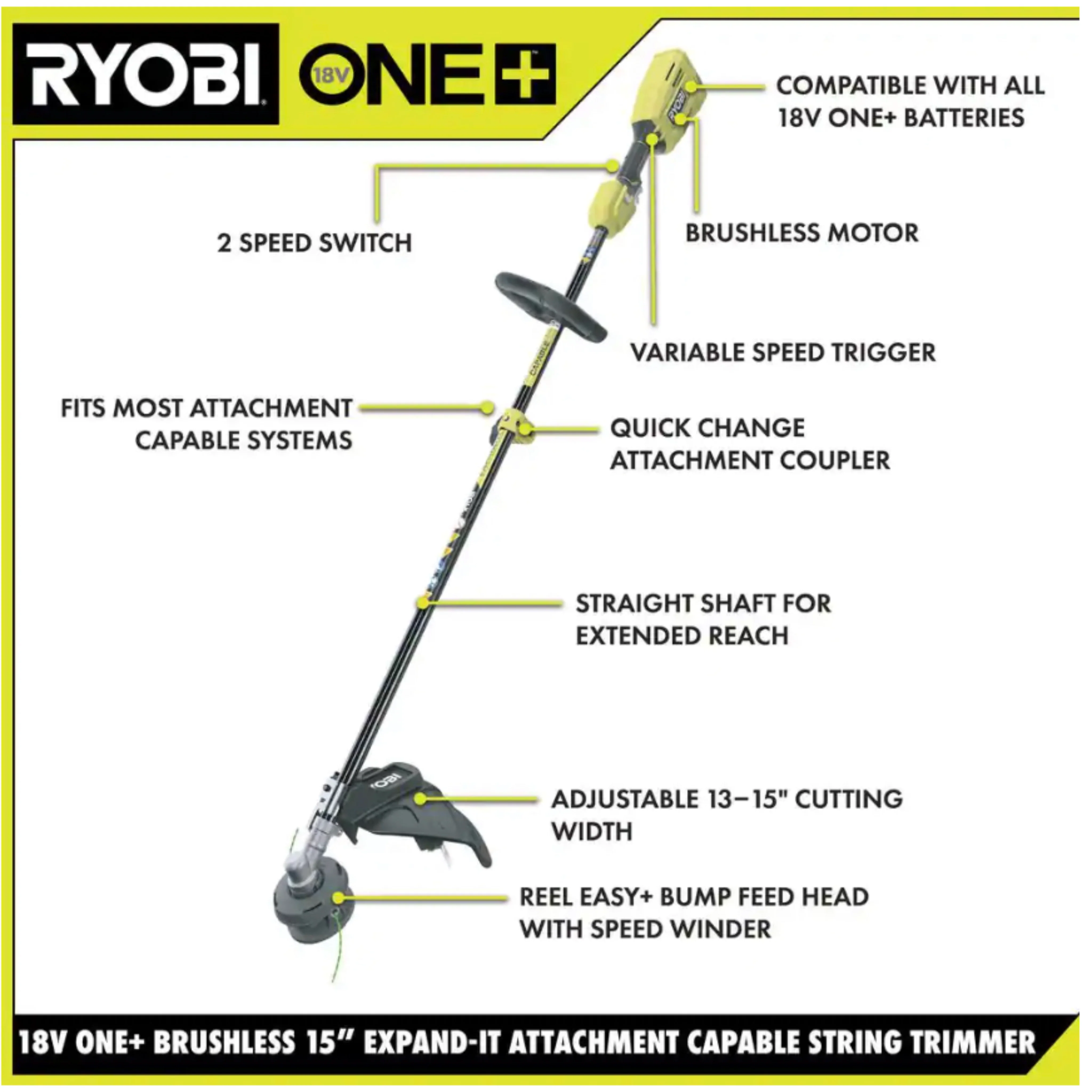 18-Volt ONE+ Brushless 15 in. Cordless Attachment Capable String Trimmer (Tool Only) - Image 2