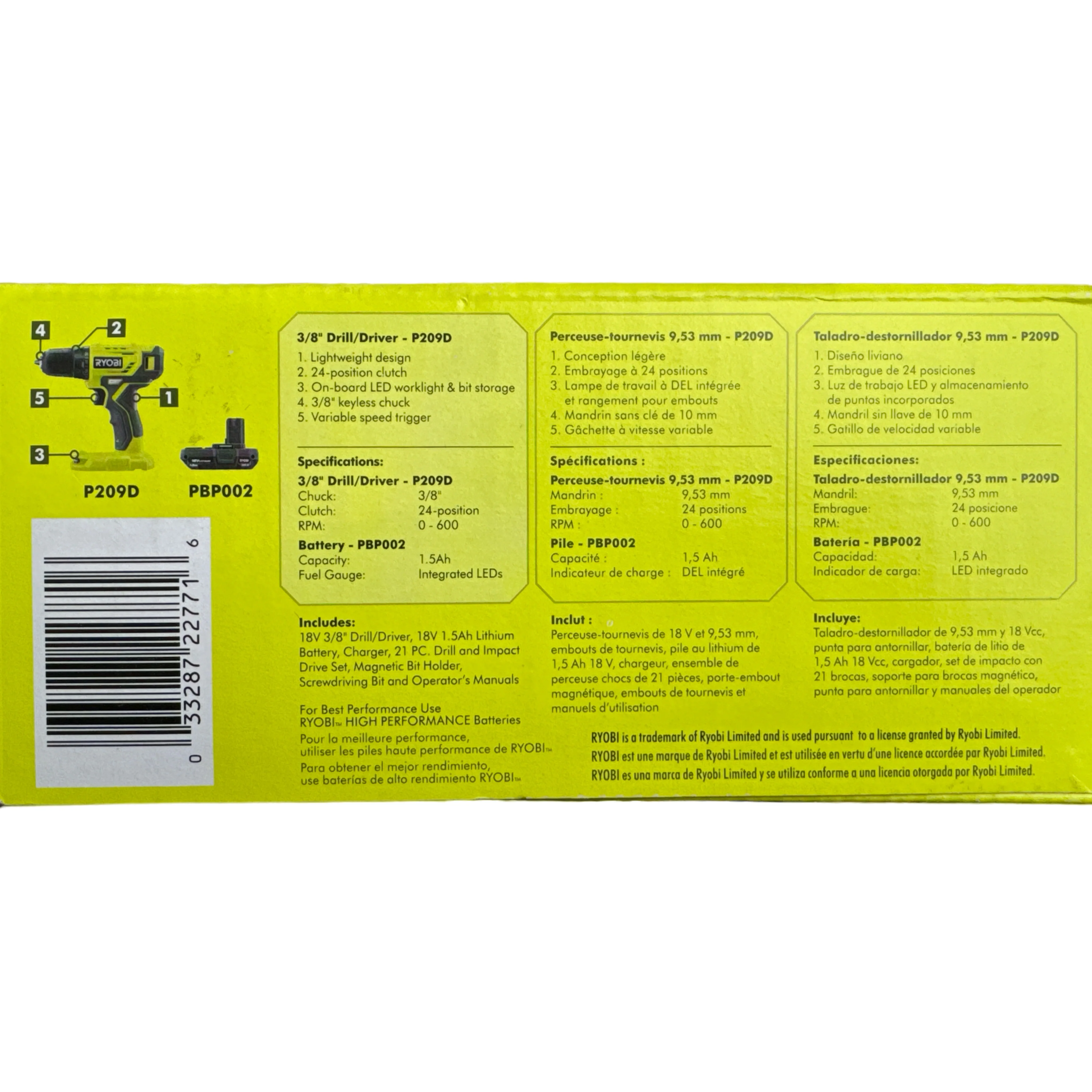 Ryobi PDD209 18-Volt ONE+ Cordless 3/8 in. Drill/Driver Kit with 1.5 Ah Battery, Charger, and Accessories - Image 3
