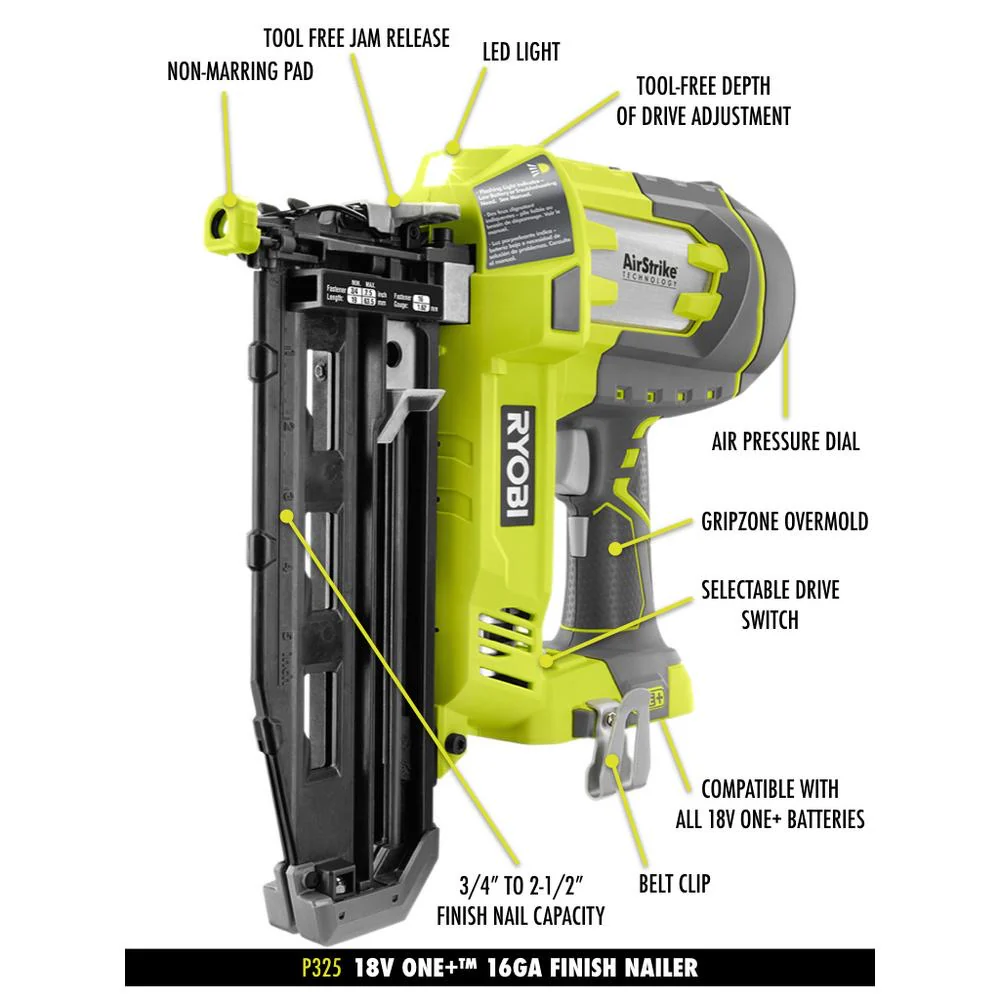 18-Volt ONE+ Lithium-Ion Cordless AirStrike 16-Gauge Cordless Straight Finish Nailer (Tool Only) - Image 2
