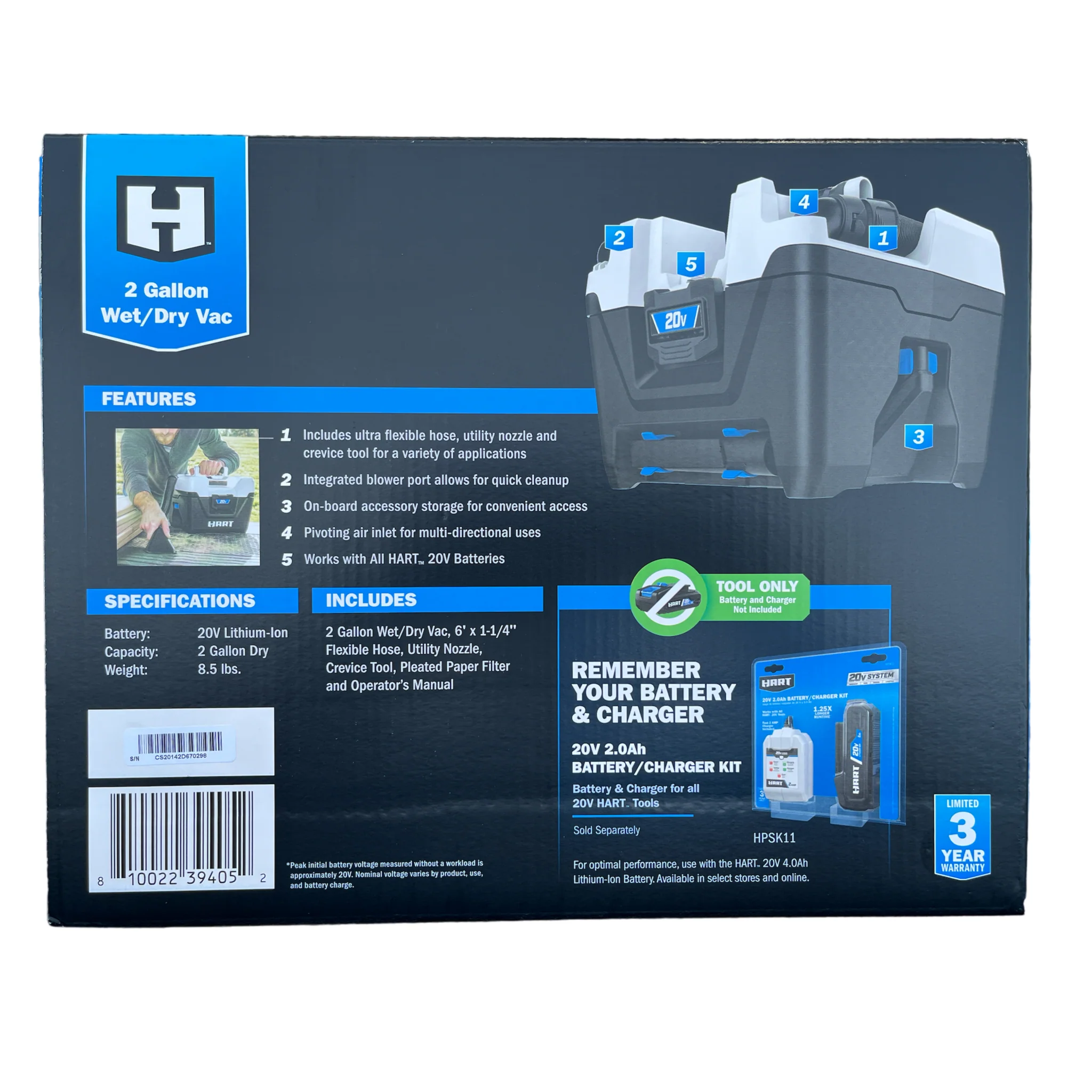 HART 20-Volt Cordless 2-Gallon Wet/Dry Vac (Tool Only) - Image 3