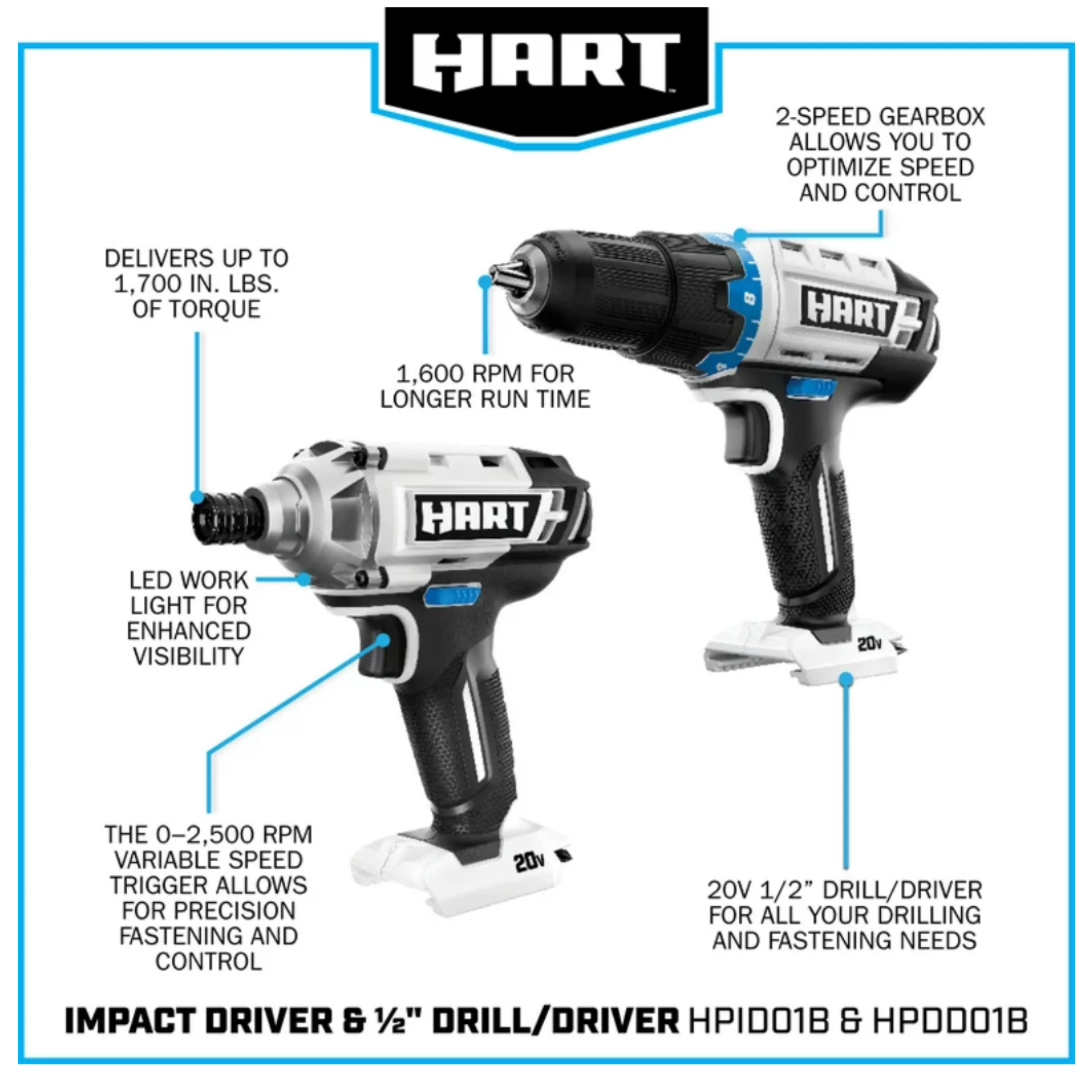 HART 20-Volt Cordless 6-Tool Combo Kit (1) 4.0Ah & (1) 1.5Ah Lithium-Ion Batteries, Charger and Storage Bag - Image 2