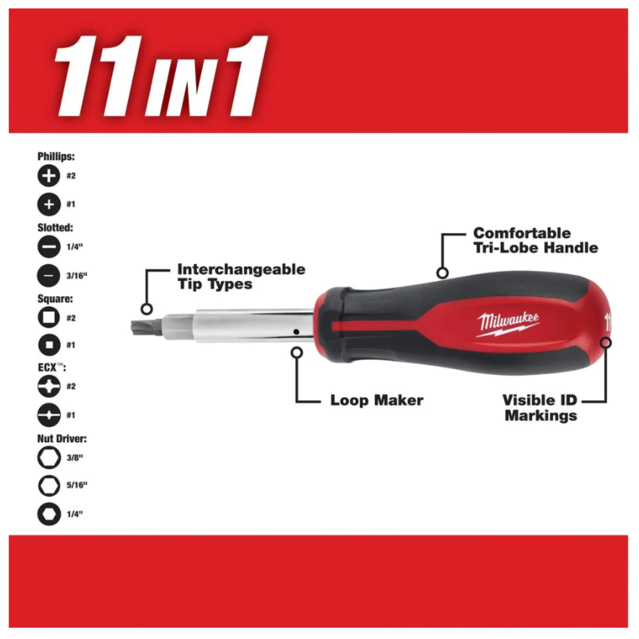 Milwaukee 11-in-1 Multi-Tip Screwdriver with ECX Driver Bits