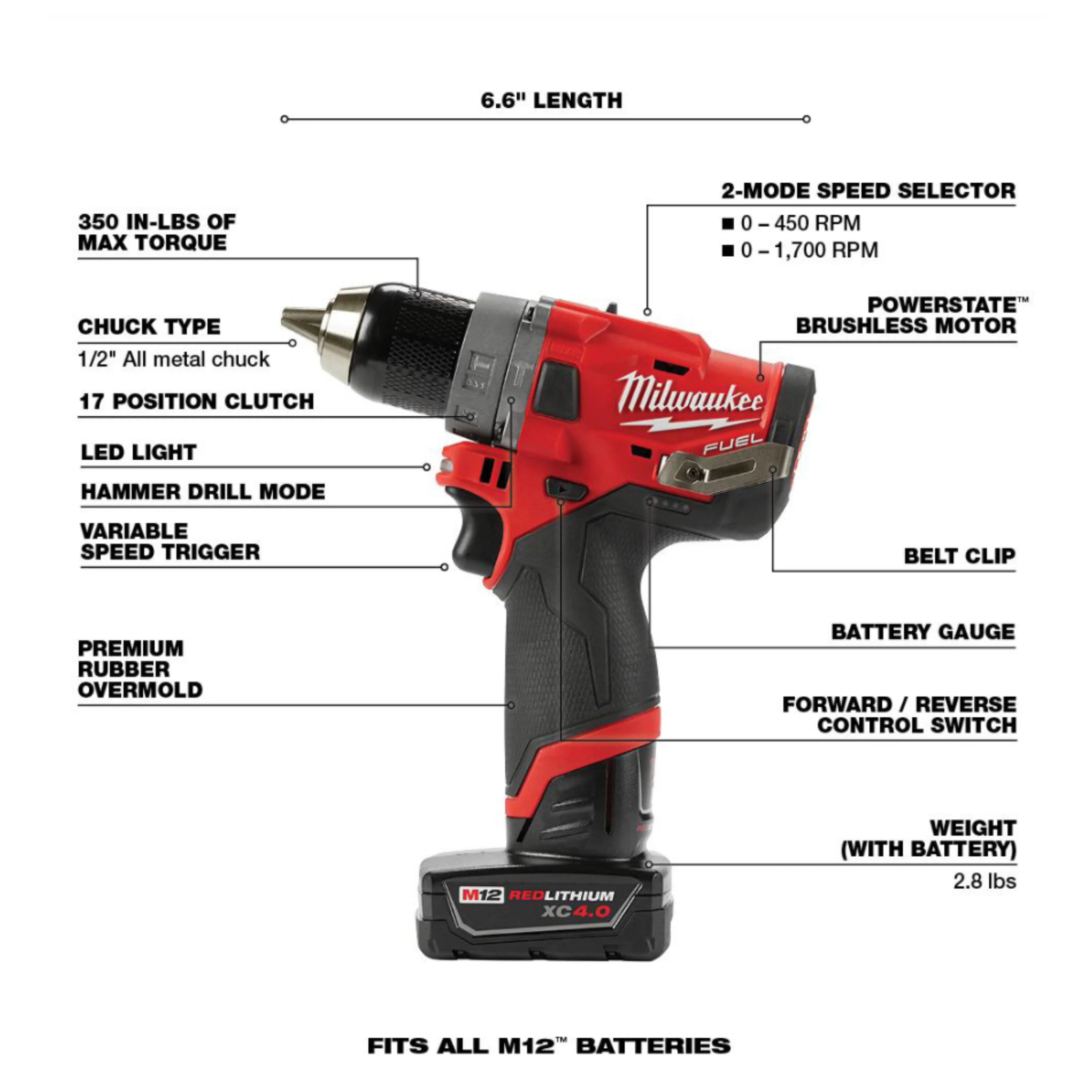 Milwaukee M12 FUEL 12-Volt Lithium-Ion Brushless Cordless Hammer Drill Driver Kit w/ 2 Batteries and Bag - Image 2