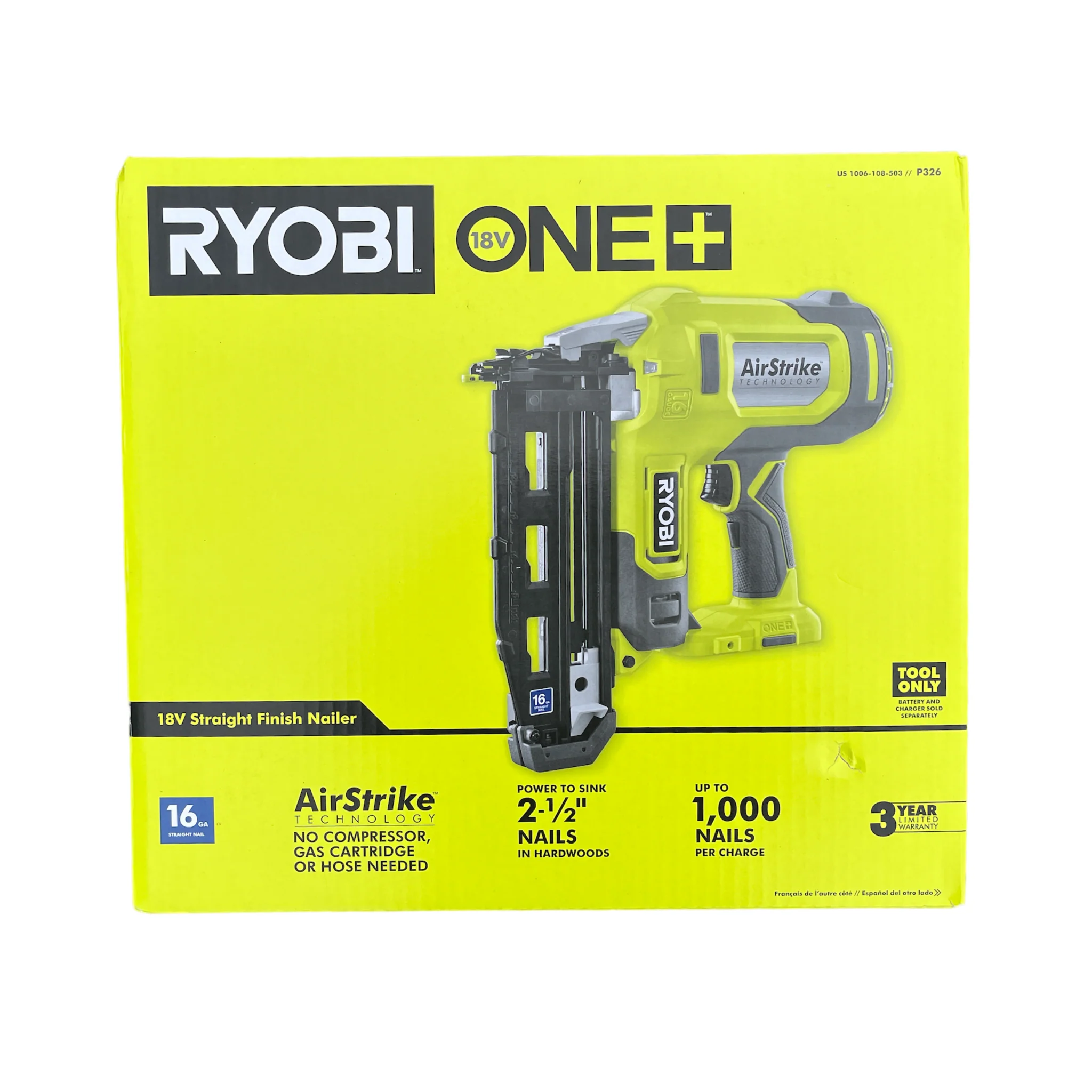 ONE+ 18-Volt 16-Gauge Cordless AirStrike Finish Nailer (Tool Only)