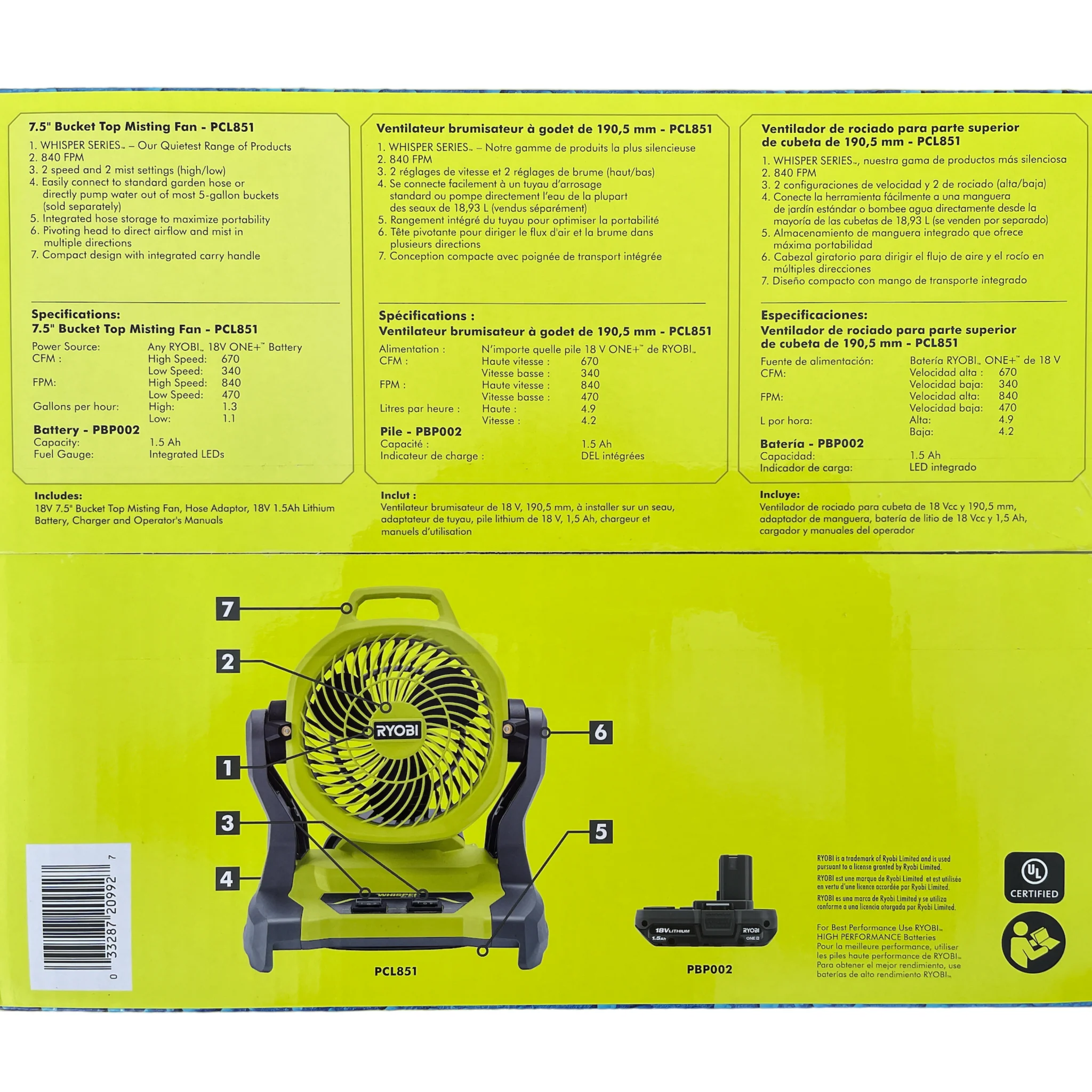 ONE+ 18V Cordless 7-1/2 in. Bucket Top Misting Fan Kit with 1.5 Ah Battery and Charger - Image 3