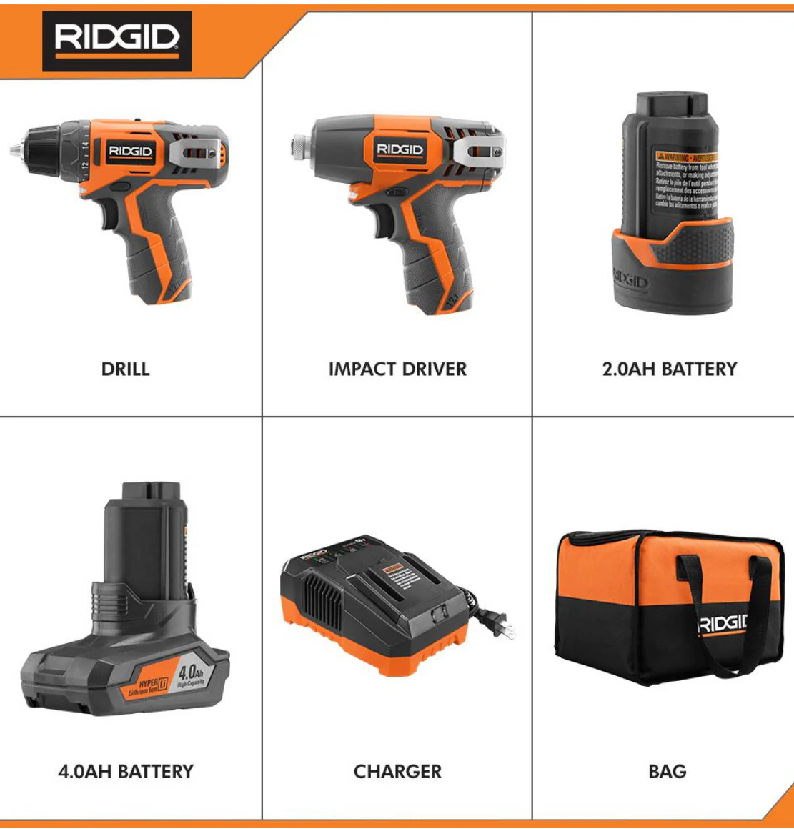 RIDGID 12-Volt Lithium-Ion Cordless Drill/Driver and Impact Driver Combo Kit with 2-Batteries, Charger and Bag - Image 3