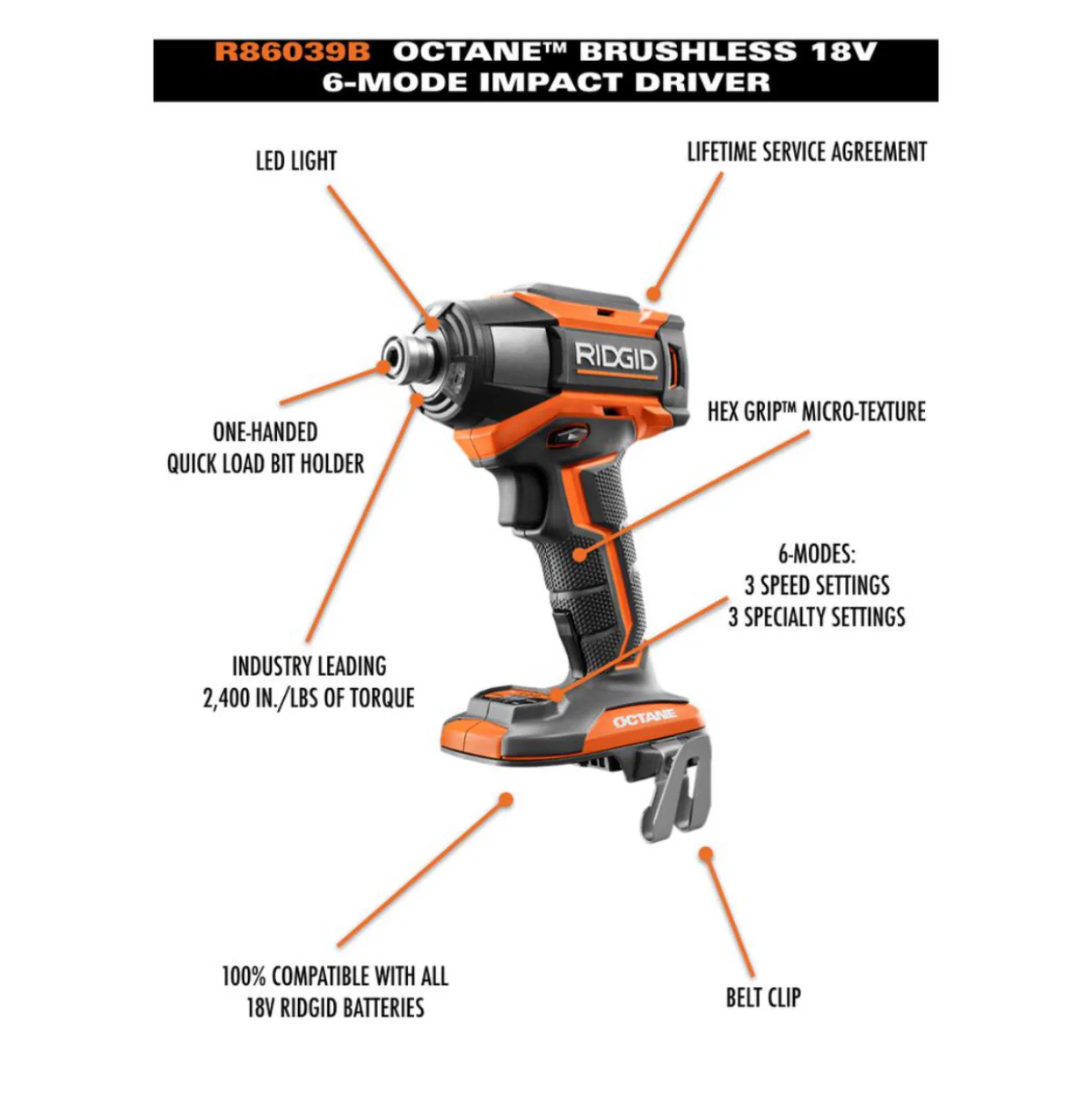 RIDGID 18-Volt OCTANE Brushless Cordless 6-Mode 1/4 in. Impact Driver (Tool Only) - Image 6