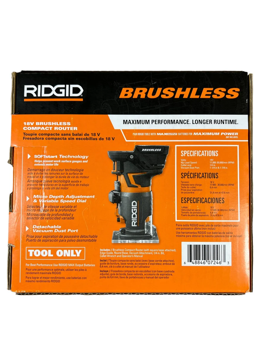 RIDGID 18-Volt OCTANE Brushless Cordless Compact Fixed Base Router with 1/4 in. Bit, Round and Square Bases and Collet Wrench - Image 5