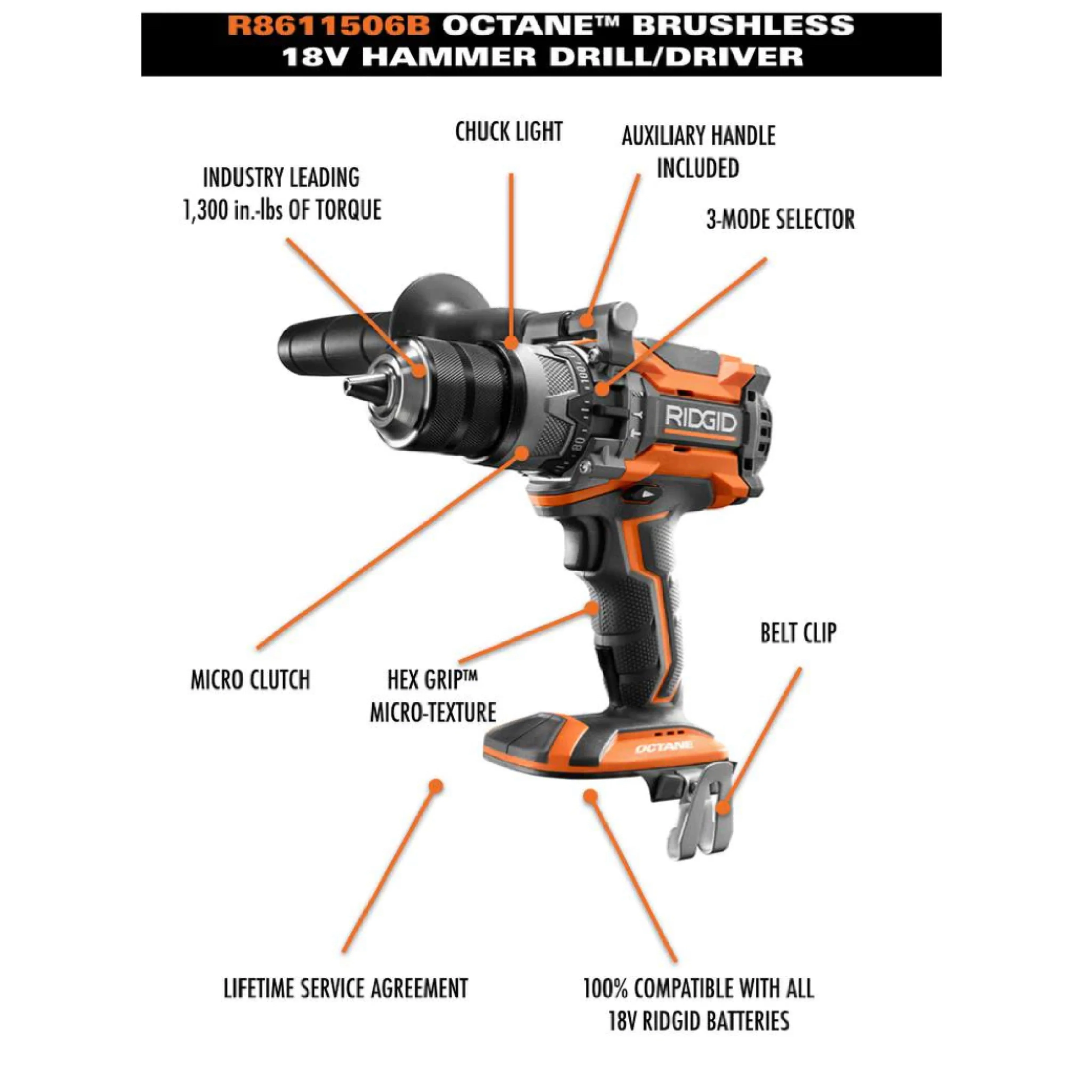 RIDGID 18 Volt OCTANE Cordless Brushless 1/2 In. Hammer Drill/Driver(Tool Only) - Image 2