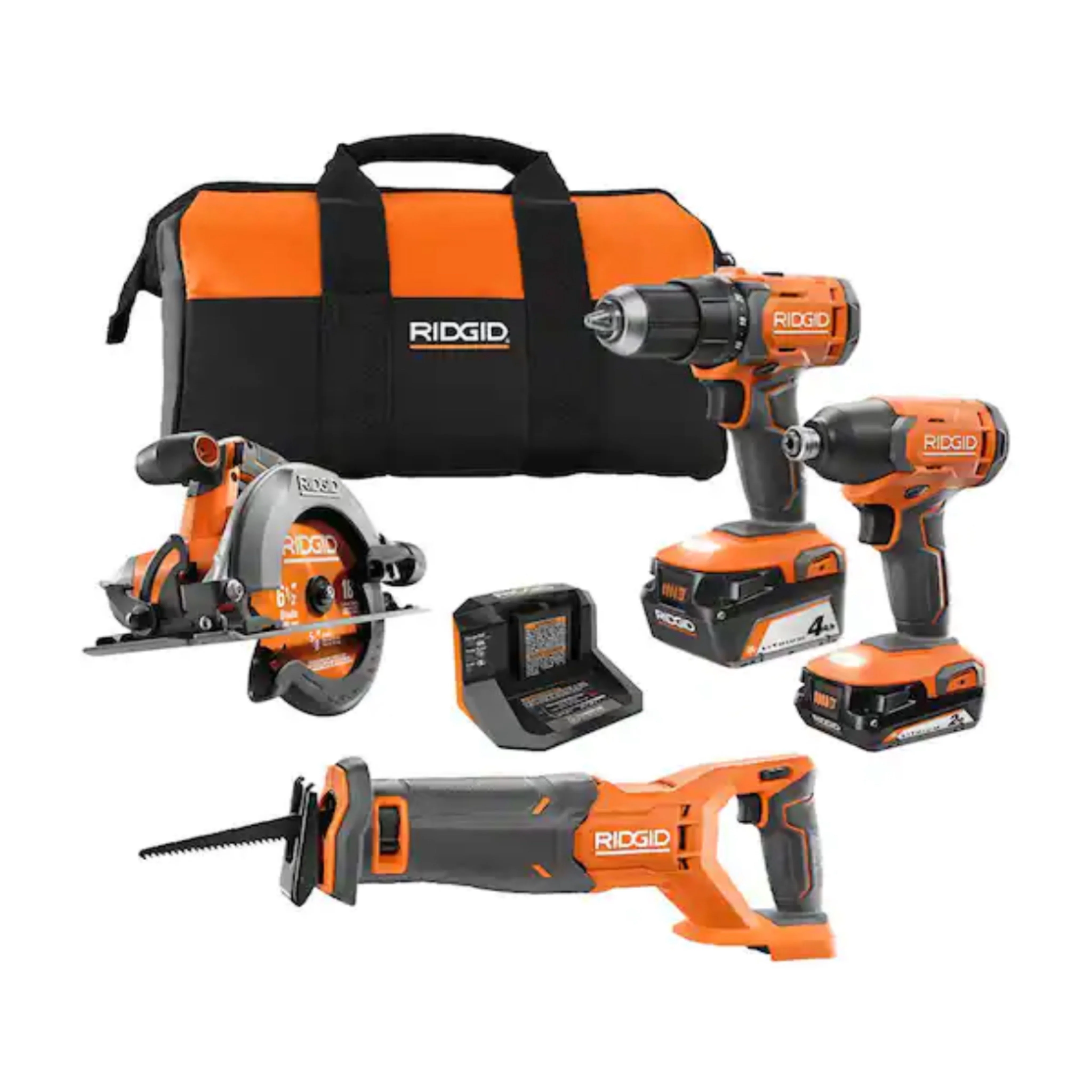RIDGID 18V Cordless 4-Tool Combo Kit with (1) 4.0 Ah Battery, (1) 2.0 Ah Battery, Charger, and Bag - Image 2